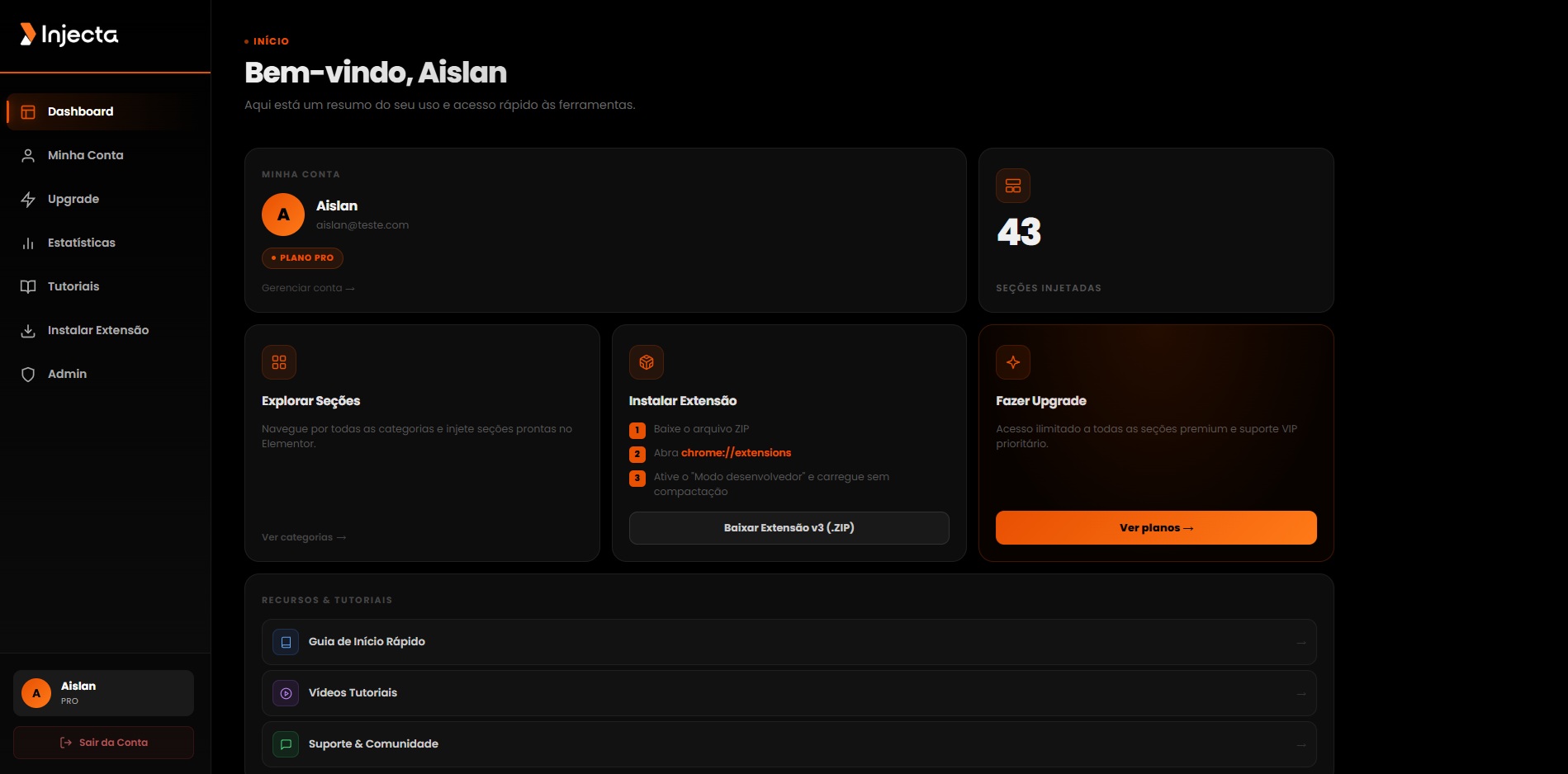 Dashboard INJECTA — biblioteca de seções Elementor